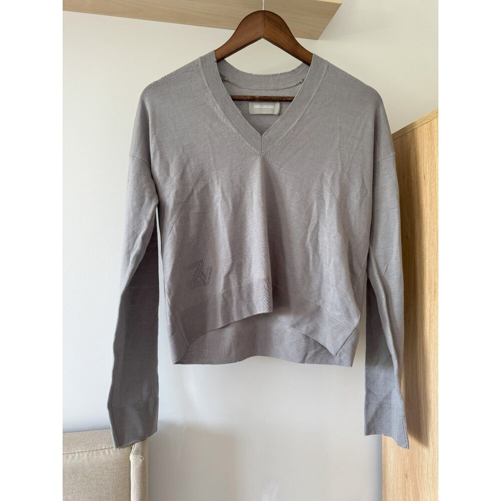 Zadig & Voltaire Womens XS Gray 100% Merino Wool Happy Army Strass Soft Sweater